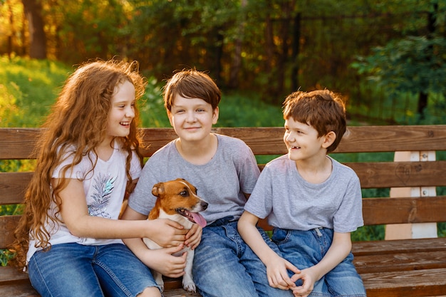 Cute friends and dog resting in summer park.