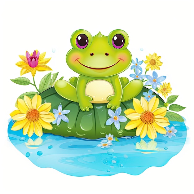 Cute frog on a green stone with flowers Cute Little Happy Frog clipart on top of water AI Generated