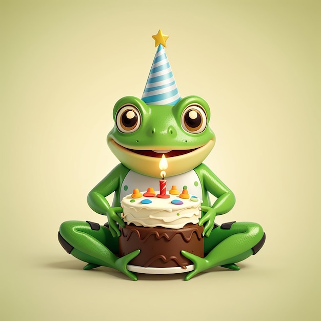 Photo cute frog holding birthday holding cake cartoon vector icon illustration animal holiday isolated