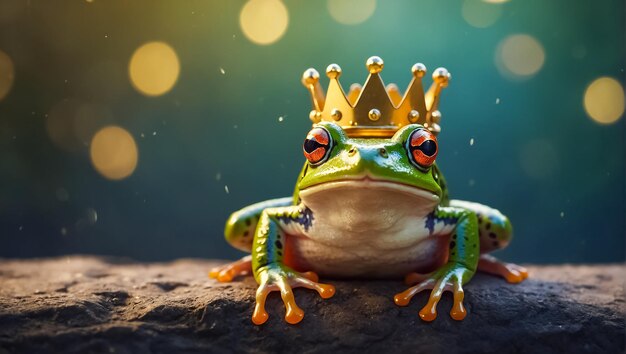 Photo cute frog wearing a golden crown