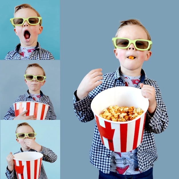 Cute fun kid baby boy year old in red tshirt holding bucket for popcorn
