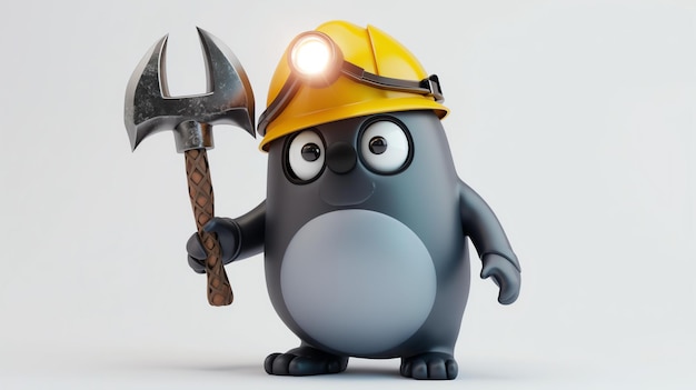 A cute and funny 3D cartoon miner mole wearing a yellow hard hat with a headlamp and holding a pickaxe