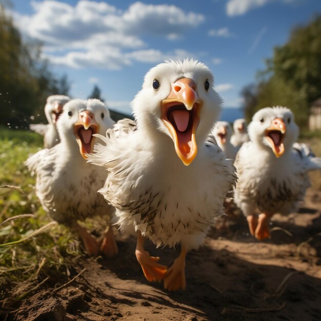 Photo cute funny albatross group running and playing on green grass in autumn