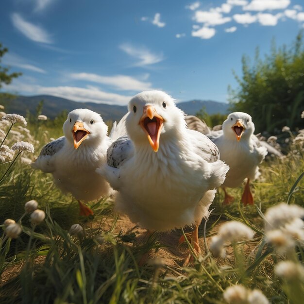 Милая смешная группа альбатросов бегает и играет на зеленой траве осенью