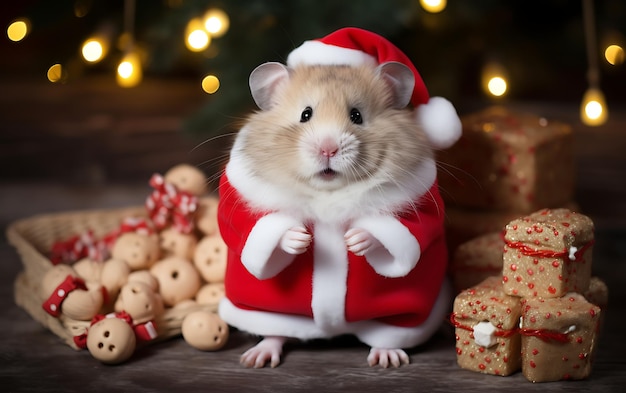 Cute and funny animal with santa claus costume Christmas animal background with copy space