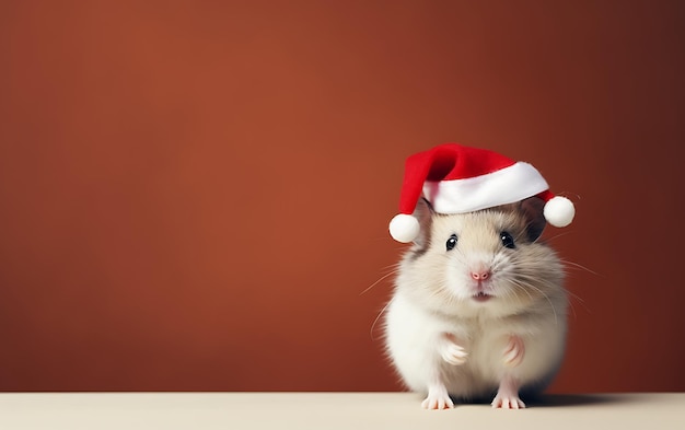 Cute and funny animal with santa claus costume Christmas animal background with copy space