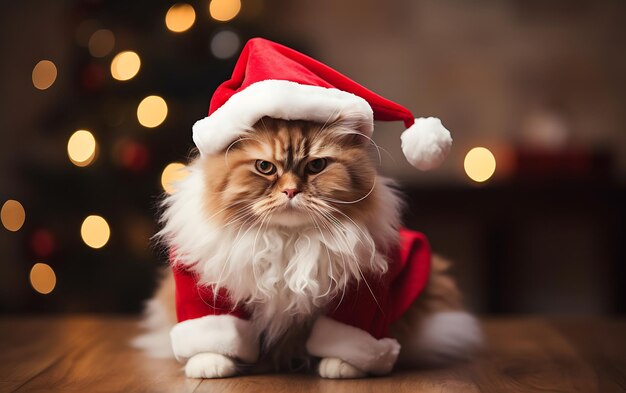 サンタクロースの衣装を着た可愛くて面白い動物 コピースペースのあるクリスマス動物の背景