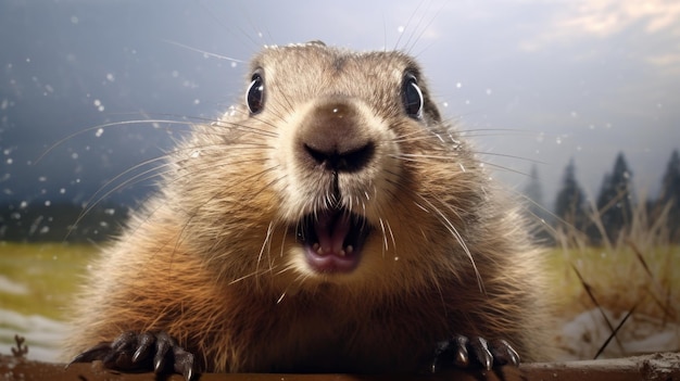 Cute funny anthropomorphic groundhog in spring Symbol of Groundhog Day