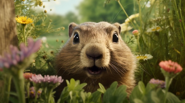 Photo cute funny anthropomorphic groundhog in spring symbol of groundhog day