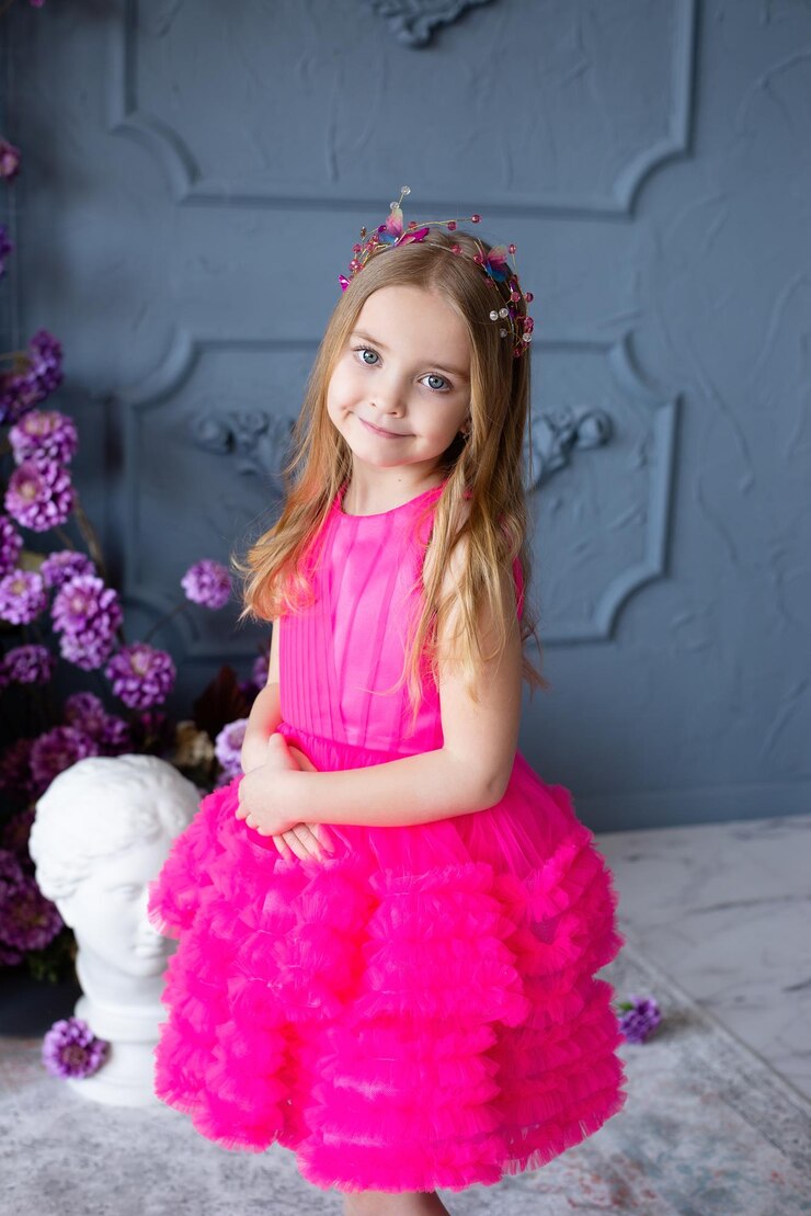 Cute and funny baby in a beautiful dress children's salon dresses for weddings and holidays