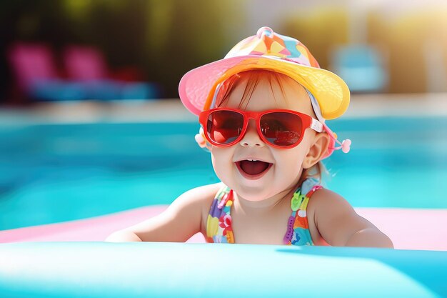 Милая забавная девочка в красочном купальнике и солнечных очках