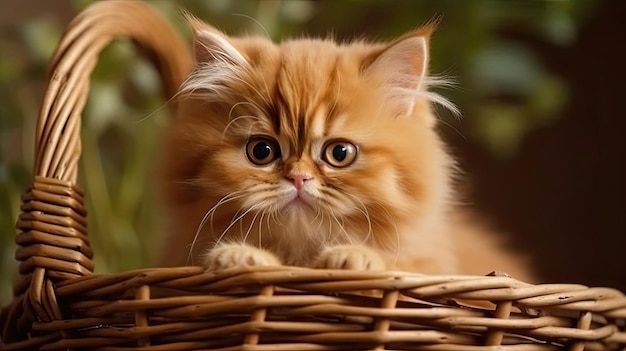 Cute funny baby kitten sitting in wicker bowl