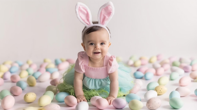 Милый смешной ребенок с кроличьими ушами и красочными пасхальными яйцами дома на белом фоне