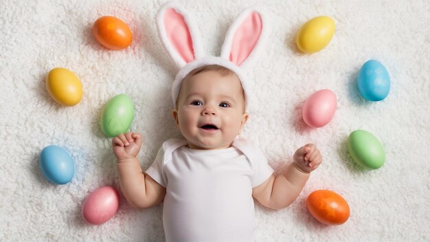 Cute funny baby with bunny ears and colorful easter eggs at home on a white background