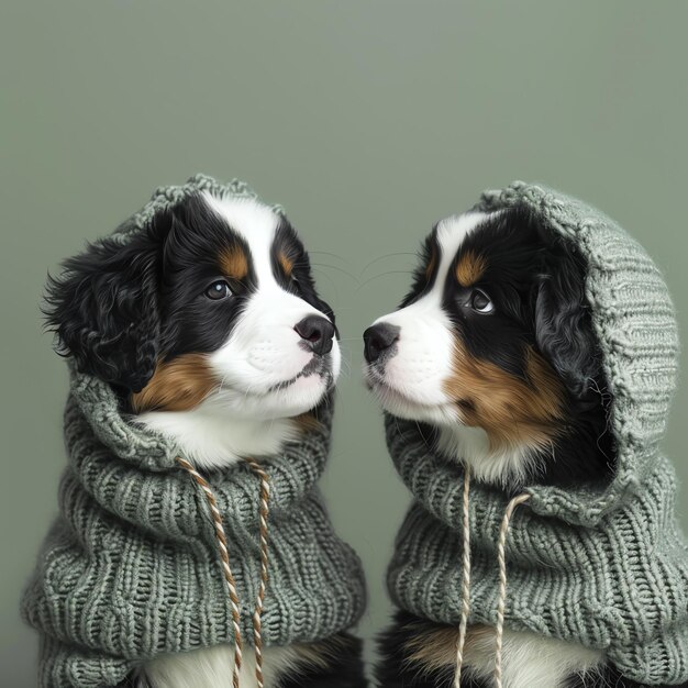 cute funny Bernese Mountain Dog puppy in beautiful funny sweater hood clothes on green