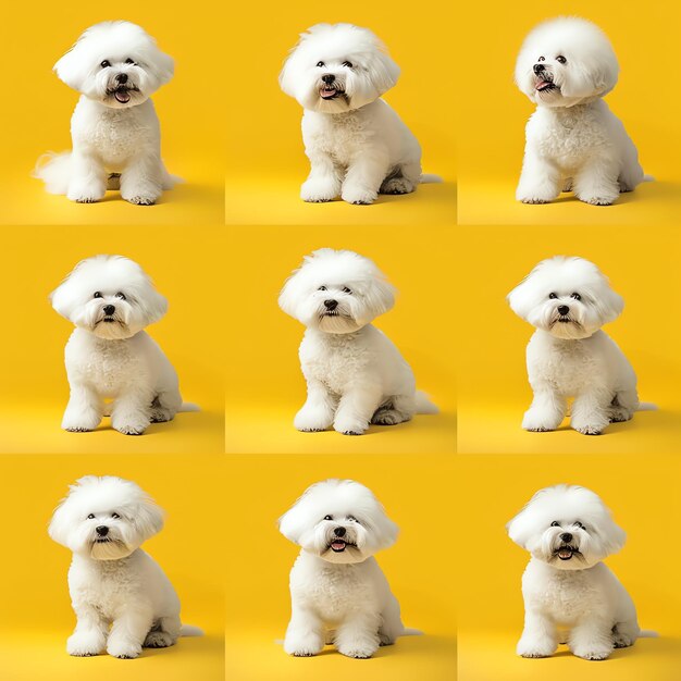 cute funny Bichon Frise dog in different poses on light yellow background