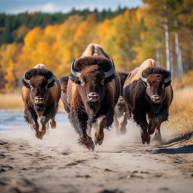 Foto un gruppo di bisonti carini e divertenti che corrono e giocano nel deserto in autunno.