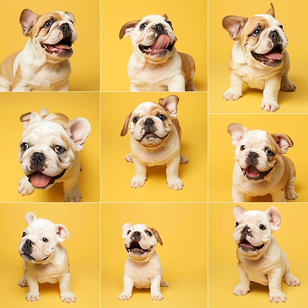 Foto carino e divertente cane bulldog in diverse pose su uno sfondo giallo chiaro