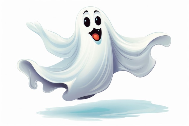 Foto caratteristica fantasma di cartoni animati carino con occhi e sorriso su sfondo bianco concetto di halloween