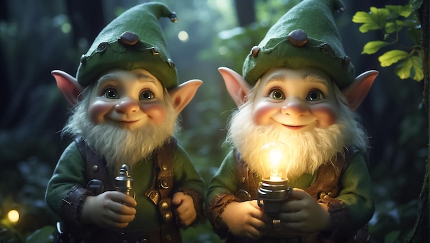 Photo cute funny cartoon gnome with a flashlight in the forest