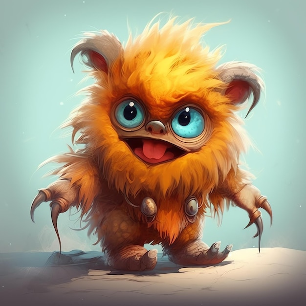 cute funny cartoon monster with black big eyes and furlong claws and sharp teeth