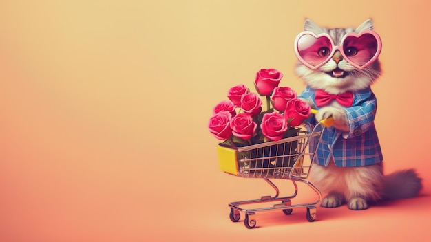 Фото Милая смешная кошка с тележкой для покупок с розой внутри концепции дня святого валентина