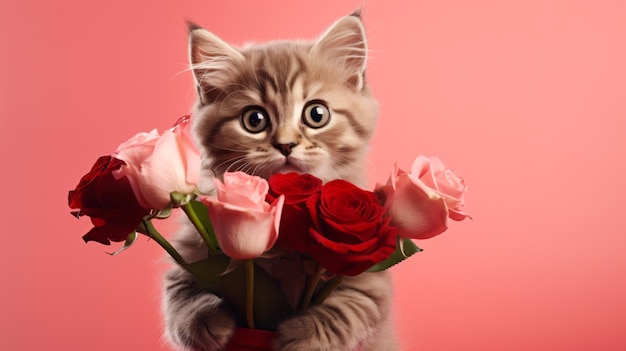 Cute funny cat holding with bouquet of roses in vale