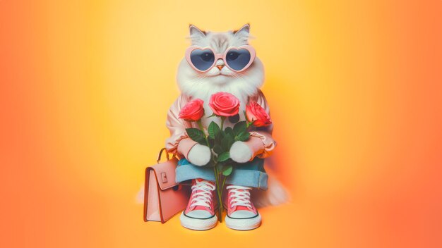 Cute funny cat holding with bouquet of roses in Valentine day concept