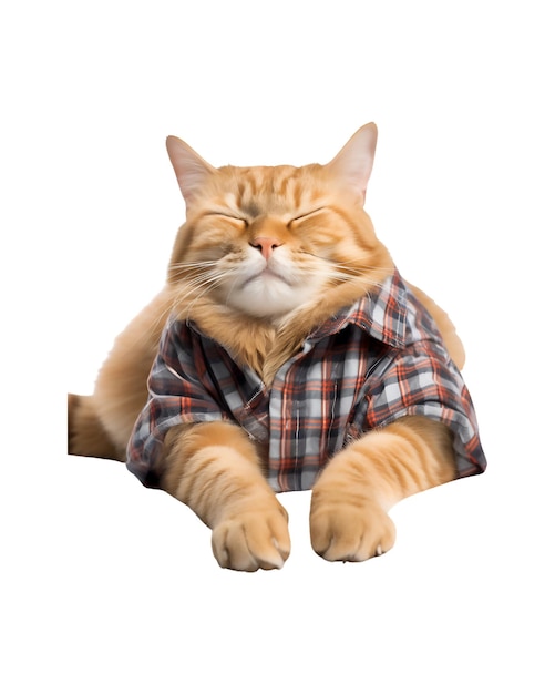 cute and funny cat sleeping still wearing shirt isolated on a white background