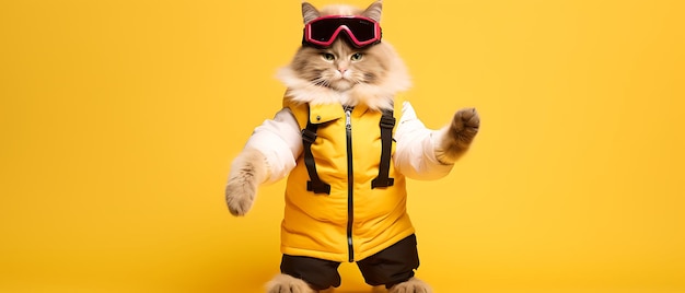 冬休みのスキーで微笑むかわいい面白い猫コピー スペース側の広い子猫バナー