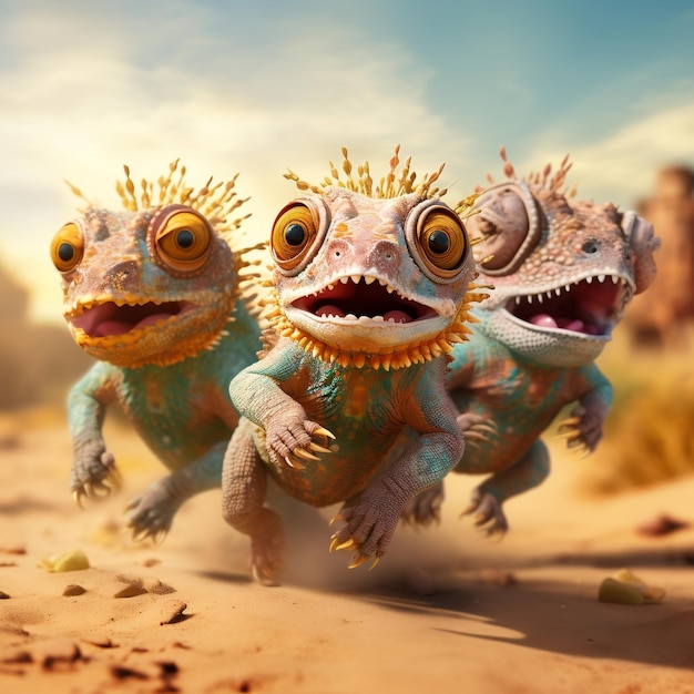 Photo cute funny chameleon group running and playing in the desert in autumn