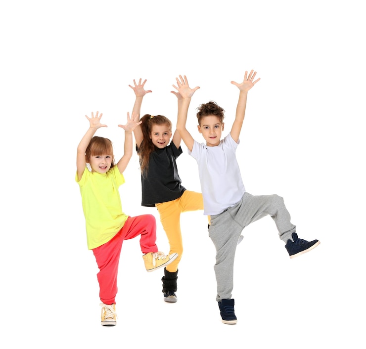 Photo cute funny children dancing on white background