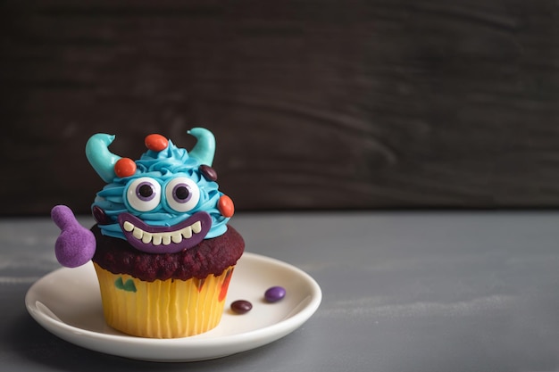 Cute and funny cupcake for kids on dark background with copy space Happy Birthday Halloween dessert Children's party Empty space for text Postcard greeting card design Monster muffin Generative AI