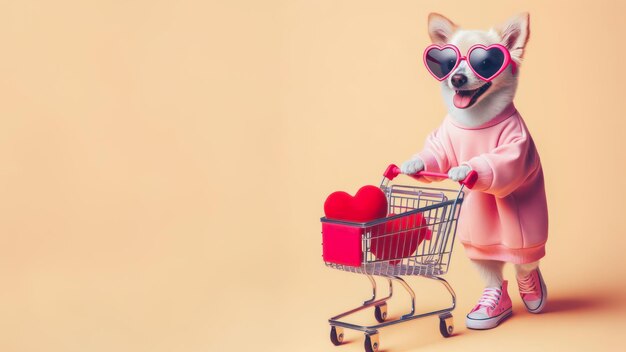 Cute funny dog holding a Shopping cart with heart inside Valentines day concept