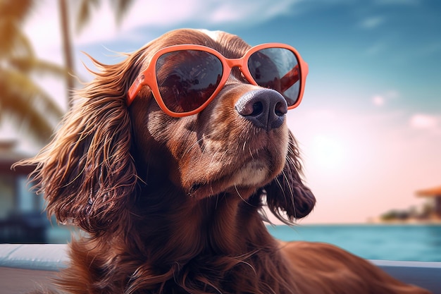 Милая забавная собака ralax на пляже Иллюстрация AI GenerativexA