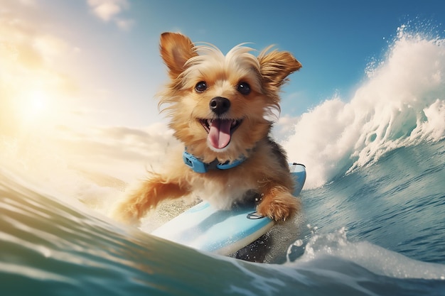 Photo cute funny dog surfing on sea waves