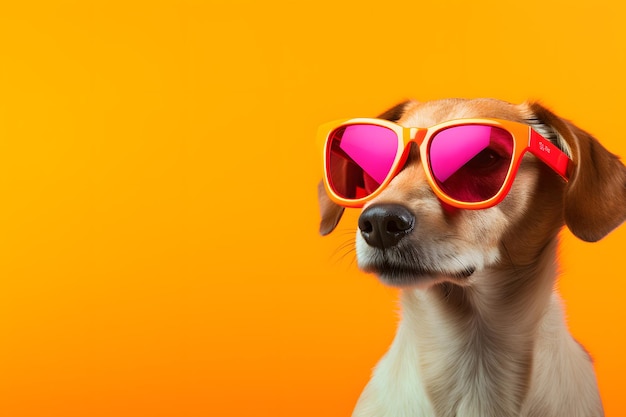 Cute funny dog wearing sunglasses on color background generative ai