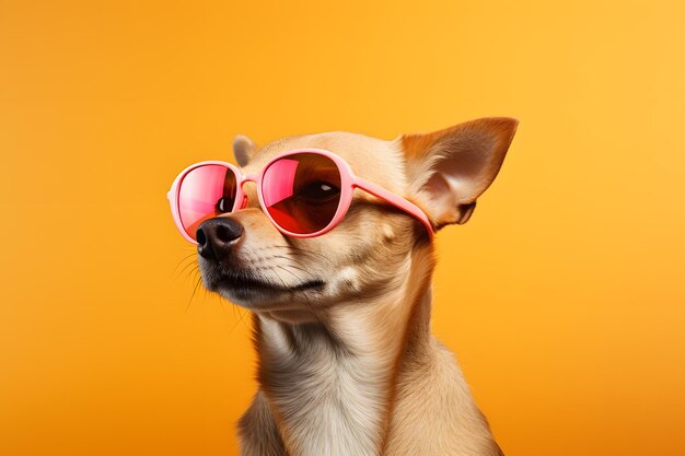 Cute funny dog wearing sunglasses on color background Generative AI