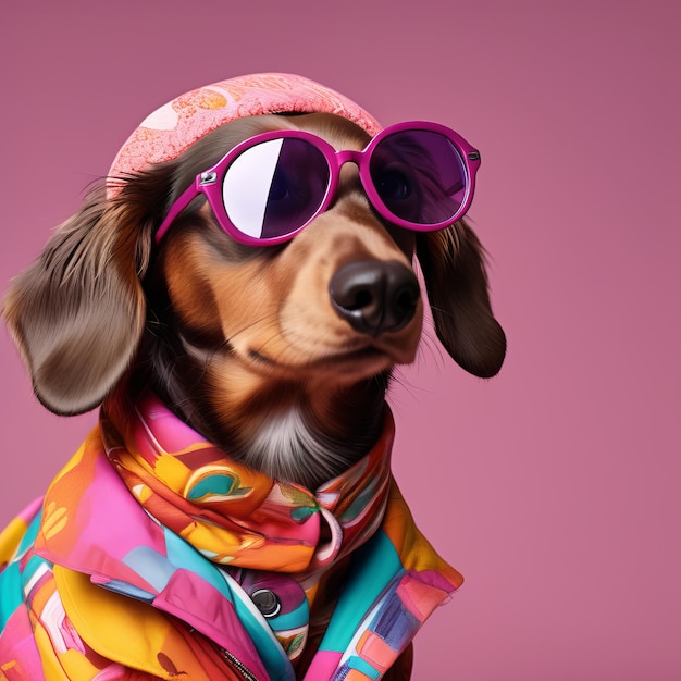 핑크색 배경에 선글라스와 선글라스를 입은 귀여운 재미있는 개
