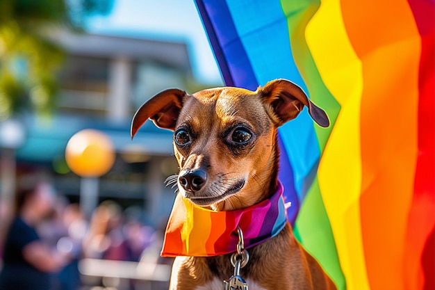 AI が生成したカラフルなレインボー ゲイ lgbt フラグを持つかわいい面白い犬