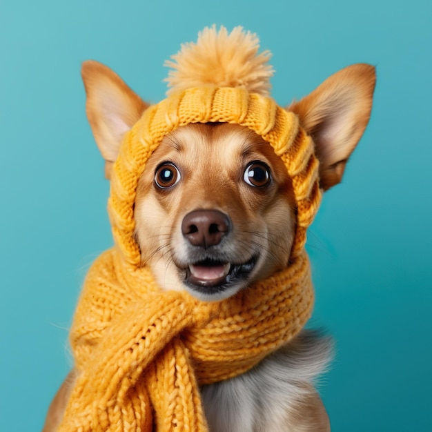 Симпатичная забавная собака в желтой вязаной шапке на синем фоне Генеративный AI