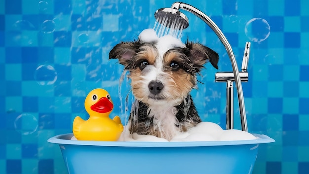 A cute funny domestic mongrel or outbred dog taking a shower with bubbles and yellow rubber duck