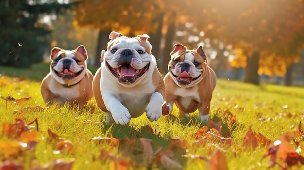 Cute funny English bulldogs group running and playing on green grass in park in autum Generative AI
