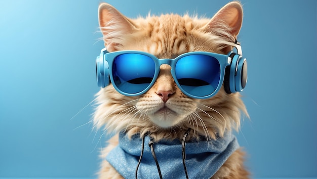 cute funny fluffy cat in clothes sunglasses and headphones