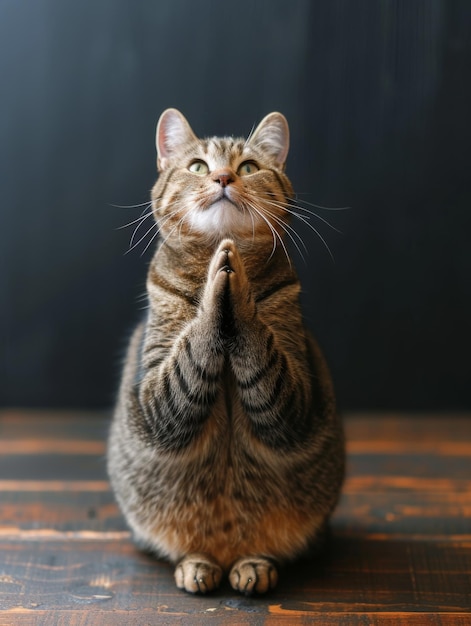 Cute funny fluffy cat praying doing yoga religious believer follower Kitty in a monastery