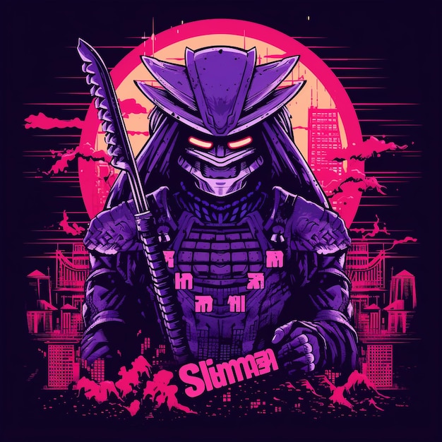 Photo cute and funny gaming logo with binary code samurai in futuristic cityscape