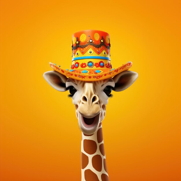 Photo cute and funny giraffe head in colorful hat isolated on bright empty yellow backdrop