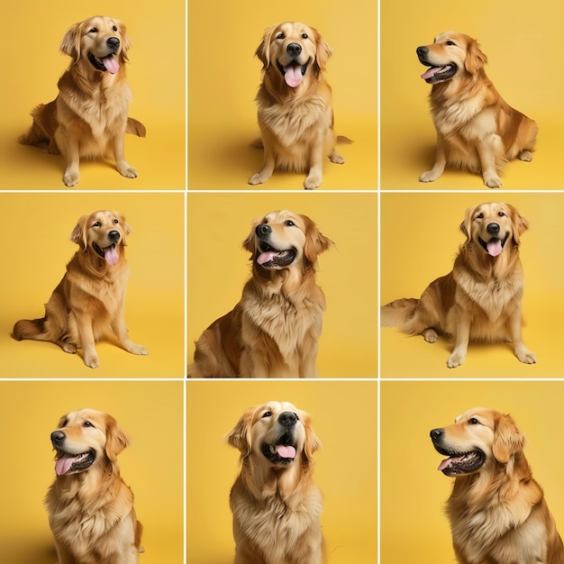 Photo cute funny golden retriever dog in different poses on light yellow background