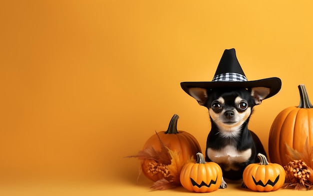 Cute and funny Halloween costume Halloween animal background with copy space