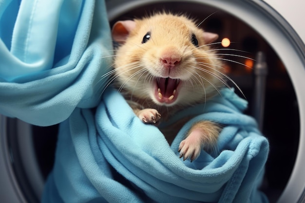 Cute funny hamster with blue towel in washing machine closeup